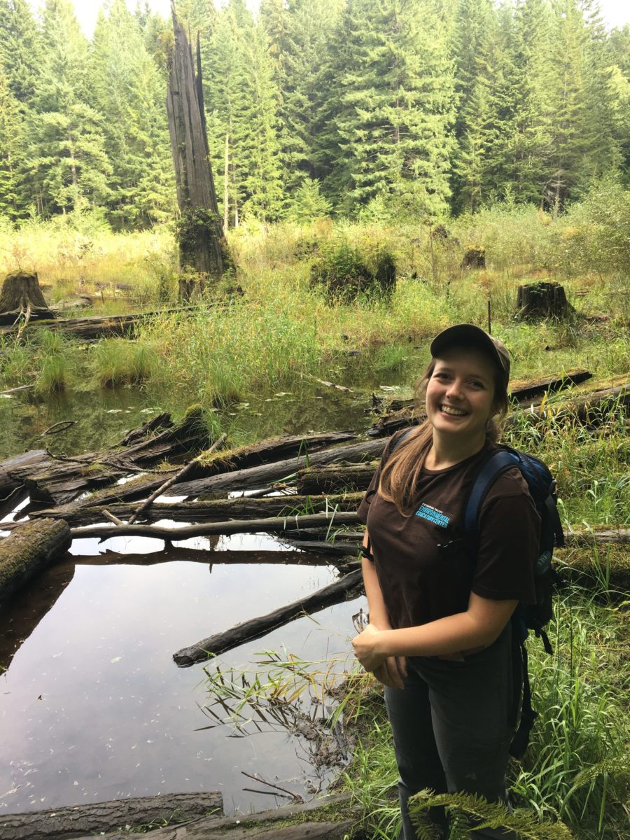 Johnson hiking in the garb she wore as an environmental educator at Cuyahoga Valley National Park.